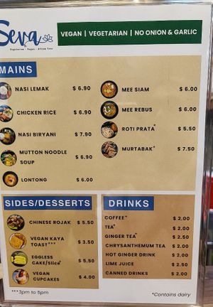 Menu at Seva Cafe in Central Singapore