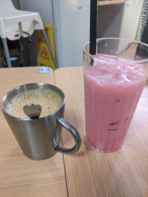 Vegan teh halia (ginger tea) and Bandung (rose milk) at Seva Cafe in Central Singapore