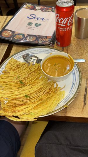 Vegan Roti Jala- rich soy mutton curry really good!  at Seva Cafe in Central Singapore