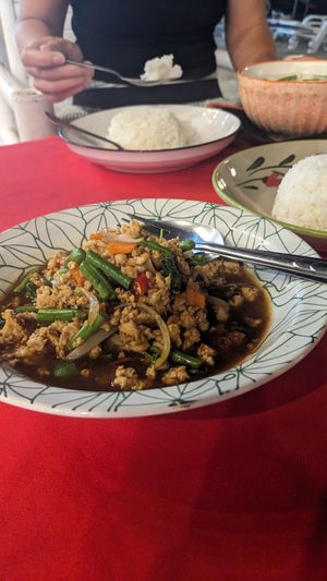 Stir fry chilli + basil (with soy protein) at Pit Thai Food in Phuket
