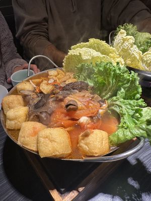 Wild mushroom and tomato soup pot (honestly prefer their other options)   at VegeDelight 波羅蜜養生素食 in Toronto