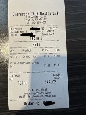 Receipt   at VegeDelight 波羅蜜養生素食 in Toronto