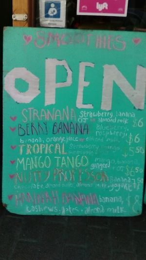 One part of the  Sissy's outdoor menu showing current smoothie options. Picture taken March 2021. at Sissy's Cafe in Kingston