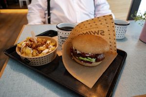 Garlic Fries, Bacon Burger and Swing Cola at Swing Kitchen in Munich