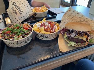 Cheese burger, normal fries and garden saladd  at Swing Kitchen in Munich