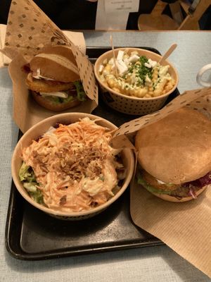 Bavarian Burger, Vienna Burger, Cole Slaw, Greek Fries   at Swing Kitchen in Munich