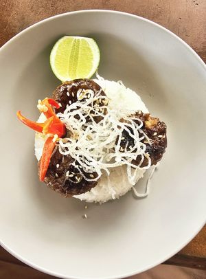 Teriyaki meatballs with fried rice at Beach Walk Koh Rong in Koh Rong