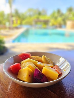 Fresh fruit for breakfast by the pool at Beach Walk Koh Rong in Koh Rong