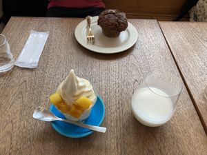 Amazake parfait, amazake and muffin  at Cafe Stand Blossom in Kamakura