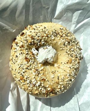 everything bagel with vegan/dairy-free cream cheese  at Ozark Mountain Bagel Co - Central Ave in Bentonville