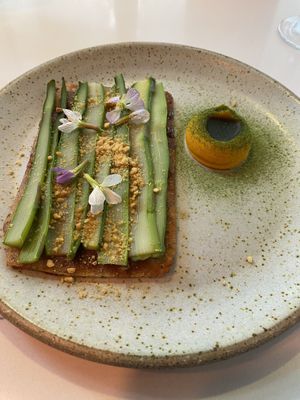 Asparagus Galette, caramelized shio Koji, fermented carrot  at Astera in Portland