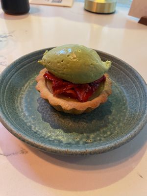Sour Yogurt Tart, Strawberry, Lemon Balm ice creamm  at Astera in Portland