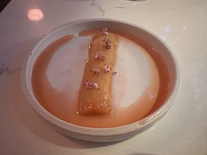 Poached rhubarb with elderflower syrup   at Astera in Portland