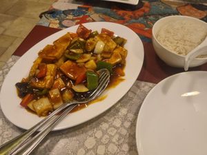 Tofu Szechuan and boiled rice. Fully vegan and really yummy. at Asia Restaurant Dubrovnik in Dubrovnik