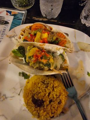 Veggie tacos with rice at La Fonda Gourmet PR in Luquillo