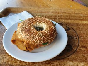 Bagel with plant-based "chicken" at Costa Coffee in Krakow