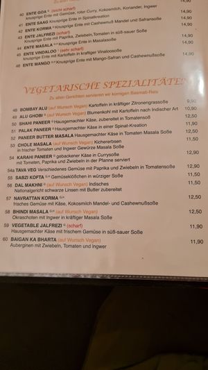 Part of the vegan/vegetarian menue at India Gate in Straubing