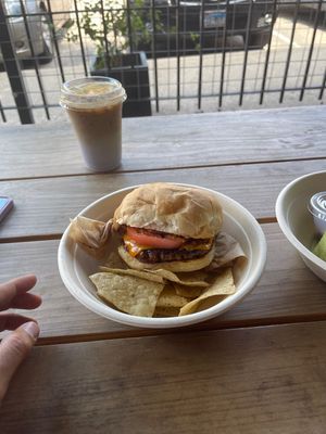 Hamburguesa with nube latte! Yum  at Revolucion Coffee and Juice in San Antonio