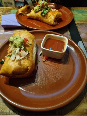 Vegan Chimichanga and Vegan Burrito. at Amigos in Bury St Edmunds