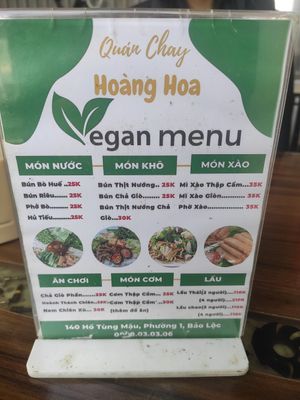 Menu at Quán Chay Hoàng Hoa Vegan Bảo Lộc in Bao Loc
