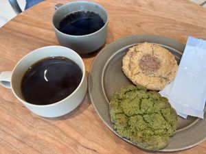 Drip coffee, snickerdoodle, and a Matcha coconut cookie  at Verve Coffee Roasters Ebisu in Tokyo