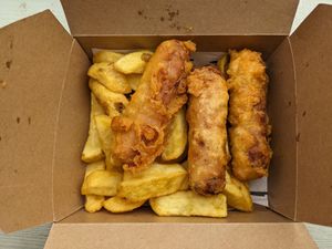 Vegan sausage and chips at Longsands Fish Kitchen in Tynemouth