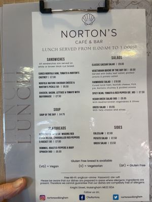 Soup was vegan. Hummus flatbread is vegan, also Greek salad  at Norton's Café-Bar in Walsingham