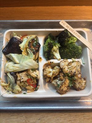 Roasted aubergine, broccoli and cauliflower on a cabbage base for £9.95  at Farmer.J in London