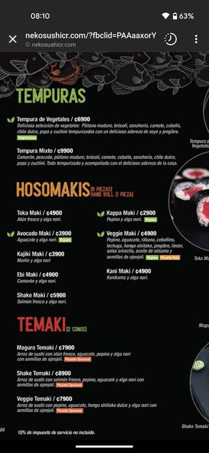 The menu at Neko Sushi in San Pedro