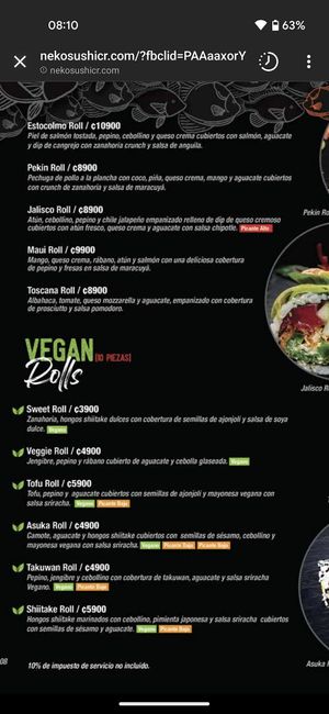 The menu at Neko Sushi in San Pedro