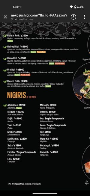 The menu at Neko Sushi in San Pedro