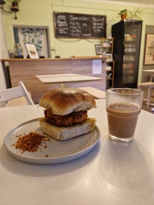 Vada pav and masala chai (vegetarian, not vegan) at INDelicious Bistro in Prague
