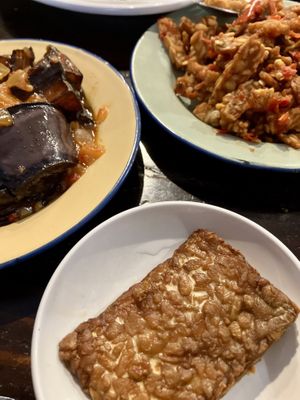 Sambal terong balado, sambal tempeh, and fried tempeh  at The Sambal in Sydney