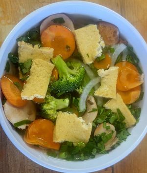 Vegan Pho ~ Mushrooms, Tofu, Carrots, Broccoli and your choice of extras at Sage's Fusion Kitchen in Salem