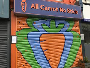 Colourful shutter artwork  at All Carrot No Stick in Sheffield
