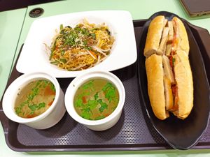 Stir fried noodles, banhmi, and 2 small simple soups that come with each dish...All really good at Heavens Will - 天心蔬食坊 in Dalin