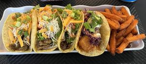Taco Flight, Sweet Potato Fries  at Vegan House Shack Kitchen @ Planted by Faith in Greenville