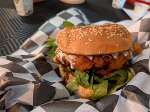 Nashville hot chicken sandwich at Vegan House Shack Kitchen @ Planted by Faith in Greenville