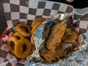 Onion rings and lemon pepper chicken wings at Vegan House Shack Kitchen @ Planted by Faith in Greenville