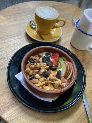 Vegan fruit bowl and almond milk cortado  at Macoco in Montevideo