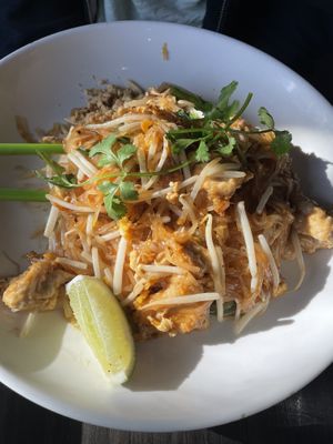 PadThai with egg and mock chicken at Plumeria in San Diego