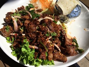 Duck Larb I got mine level 10 I recommend asking if u can get it with fresh Thai chili’s  at Plumeria in San Diego