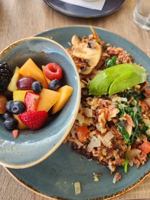 Vegan Breakfast Hash with fruit on the side at Honey Berry in Dallas