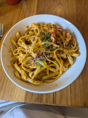 Pesto fettuccine (vegan sunflower seed pesto) at Union & Finch in Allentown