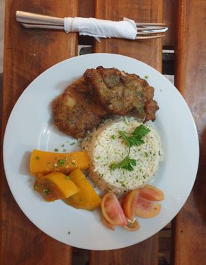 Rice with deep fried veg and sweet potatoe. Super good! at El Shamuskiao in Havana