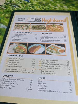 Menu at Highland in Bohol
