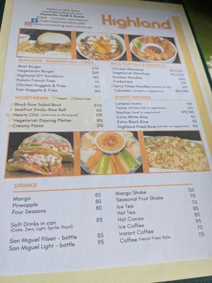 Menu at Highland in Bohol