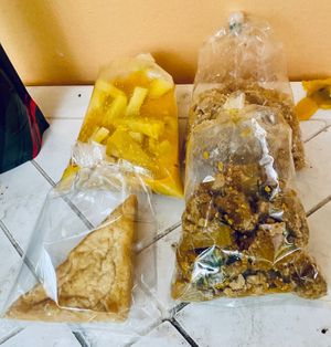 Take-away. Fake meat, pineapple curry and other buffet dishes.  at Aob Aun Vegan in Koh Samui