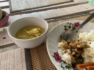 Yellow curry (delicious!) and an unknown but good second choice from the buffet with rice  at Aob Aun Vegan in Koh Samui
