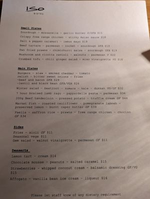 Menu in November at ISO Bistro in Raglan